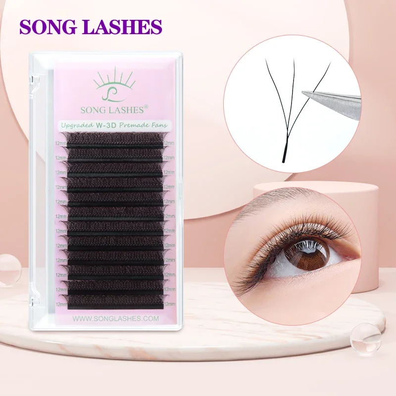 Song Lashes 3D W shaped Premade Volume Fan Eyelash Extensions 12 Rows Pure Darker Black/ Brown C/D Curl High Quality Makeup Tool