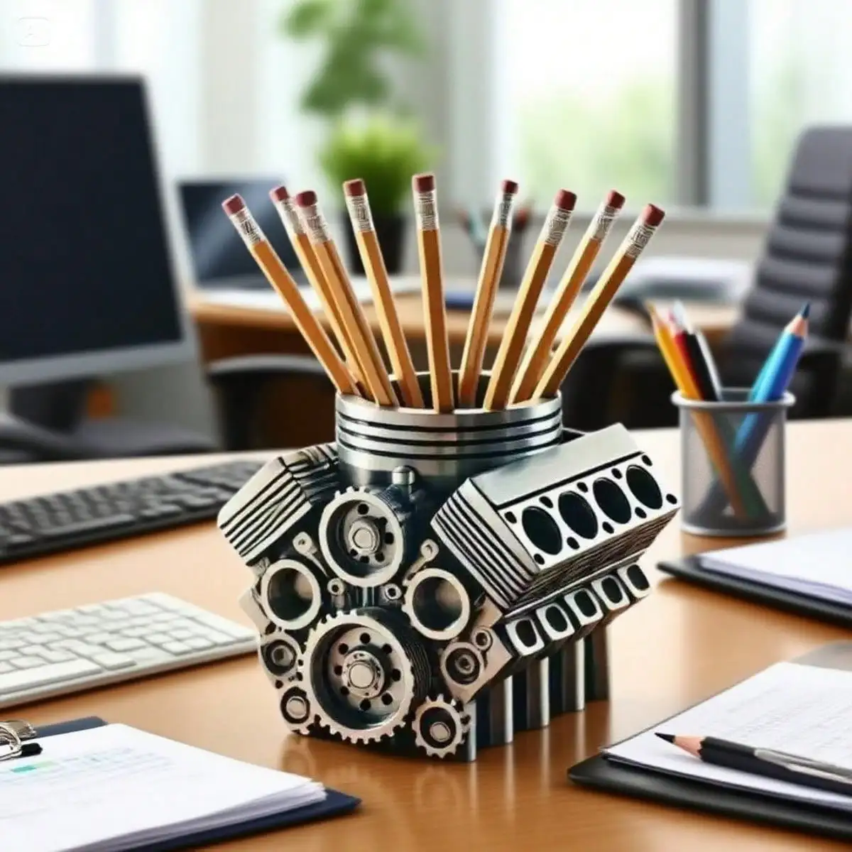 حامل أقلام نموذج المحرك V6/V8 مطبوع ثلاثي الأبعاد - منظم مكتب ملحقات السيارة للرجال (تخزين بطاقة العمل والقلم الرصاص)