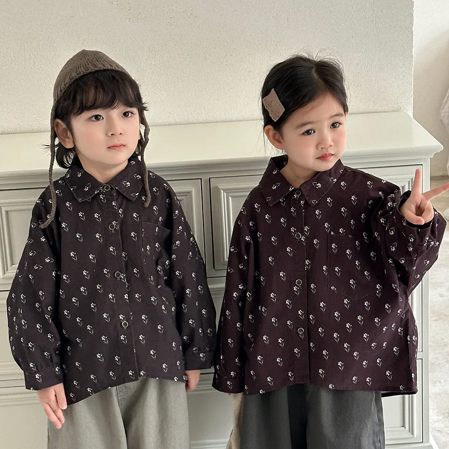 خريف 2025 قميص أطفال بأكمام طويلة مطبوع عليه زهور للجنسين بلوزة كلاسيكية بأزرار للبنين والبنات معطف للأطفال من سن 1 إلى 8 سنوات #6