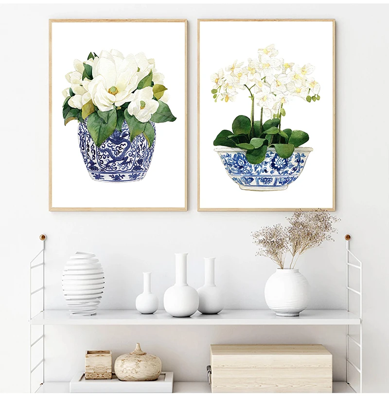 White Orchid & Magnolia Watercolor Chinoiserie Decor Canvas Print Oriental Vase Blue White Willow Style Porcelain Flower Jar