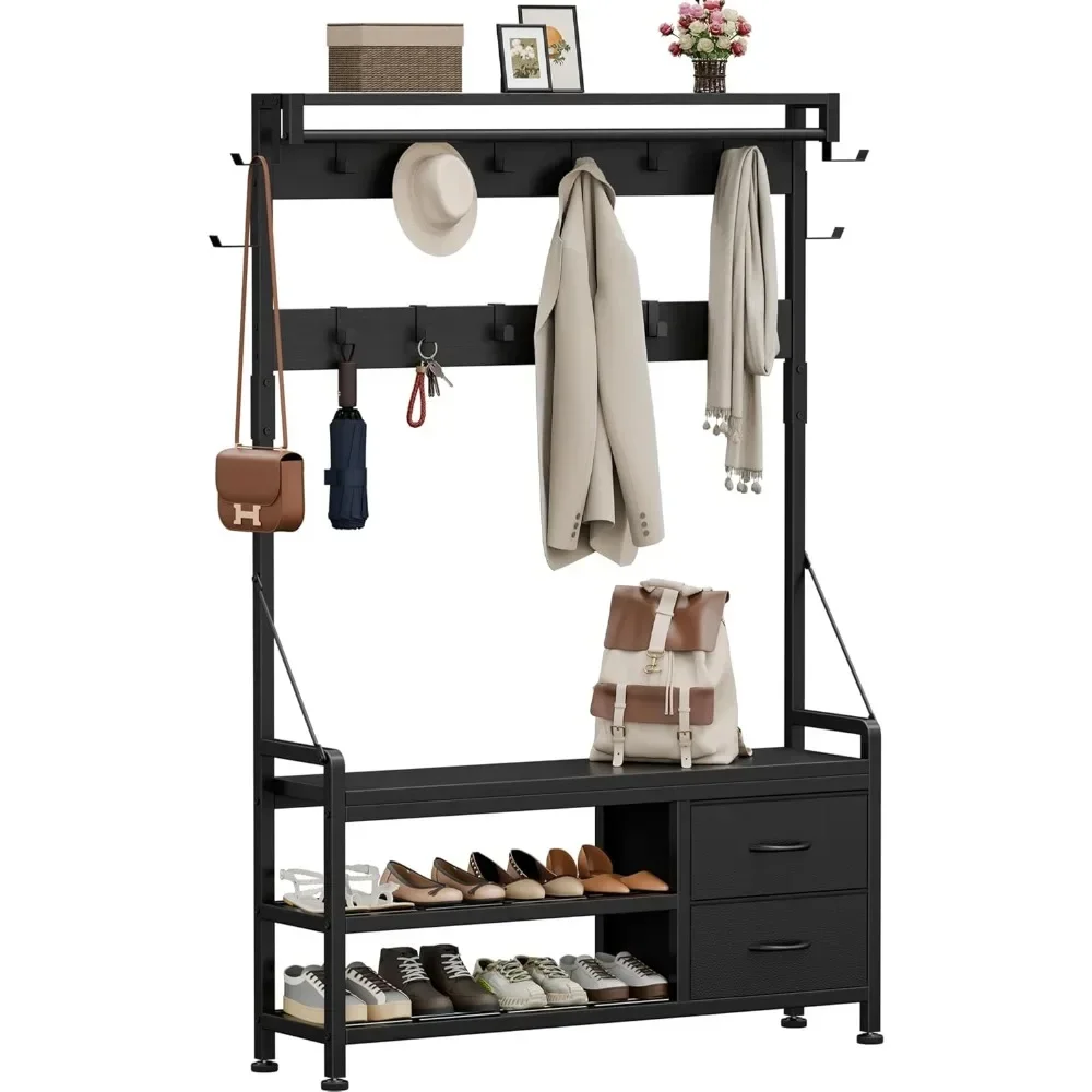 

Прихожая тумба-скамья с местом для обуви, 39,4-дюймовая отдельно стоящая скамья для прихожей с вешалкой для одежды, мебельный органайзер для прихожей 5 в 1