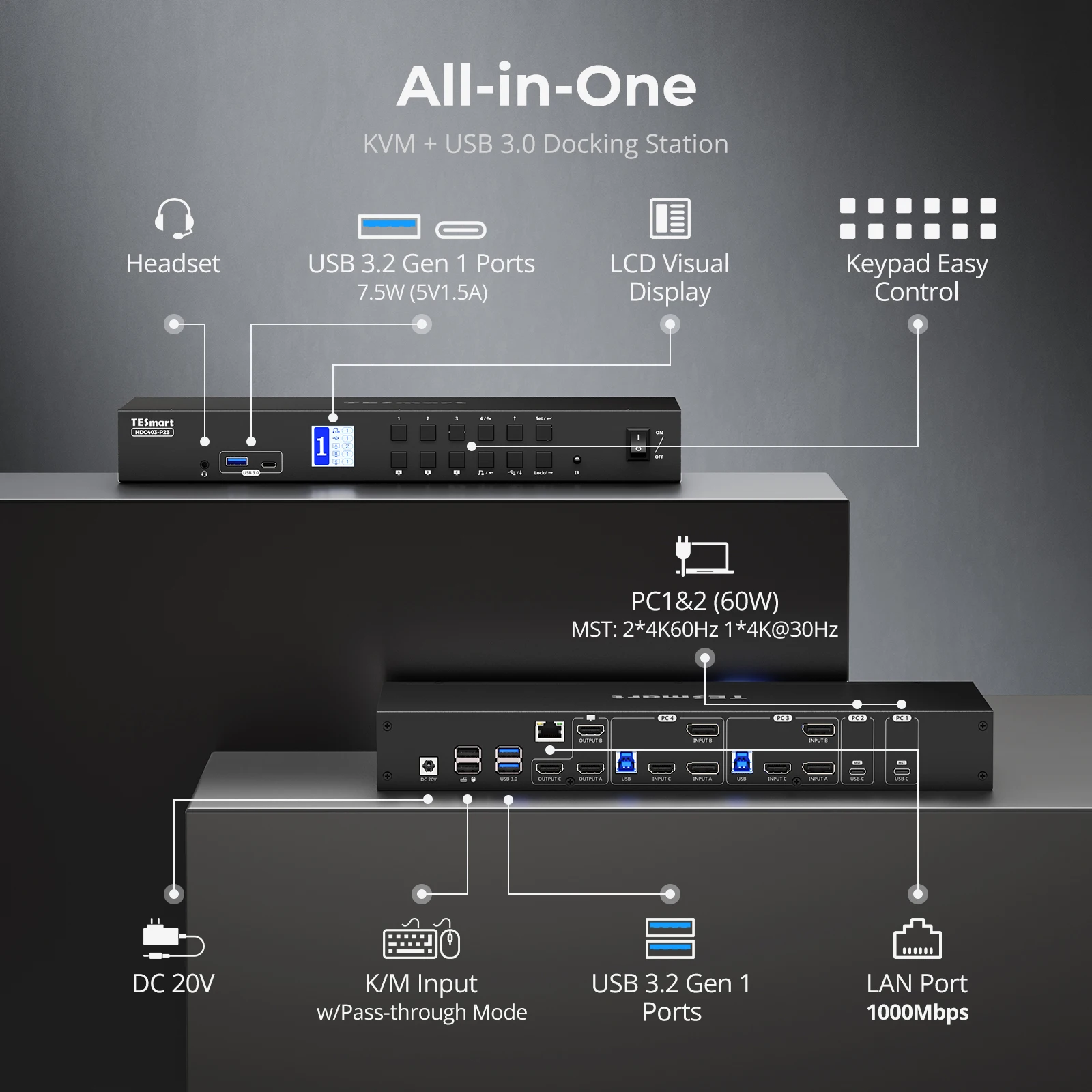 USB 3.0 HDMI DP USB C KVM Switch Docking Station 3 Triple Monitors 4 Computers 4K 60Hz 4 Port MST for Server Control
