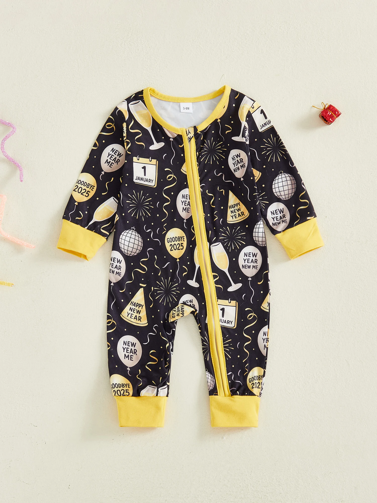 

Infant Boys Festive Romper with Unique Diagonal Zipper Design and Playful New Year Print on Crewneck Long Sleeve Jumpsuit