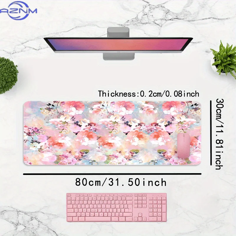 Extra Large Gaming Desk & Mouse Pad - Vintage Floral Desk with Non-Slip Rubber Edges, XXL/XXXL Sizes Available, Soft Pink/White/