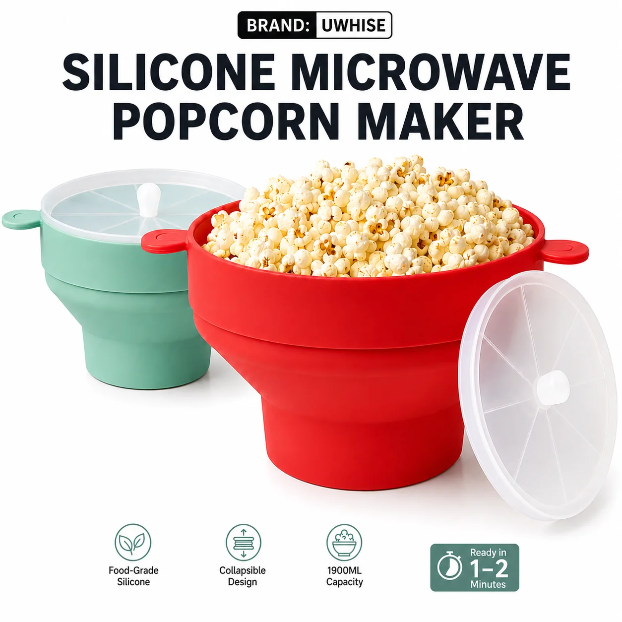 Uwhise Food Grade Silicone Microwave Popcorn Maker Large Capacity Collapsible Bowl Reusable Snack Popper With Lid Kitchen Gadget
