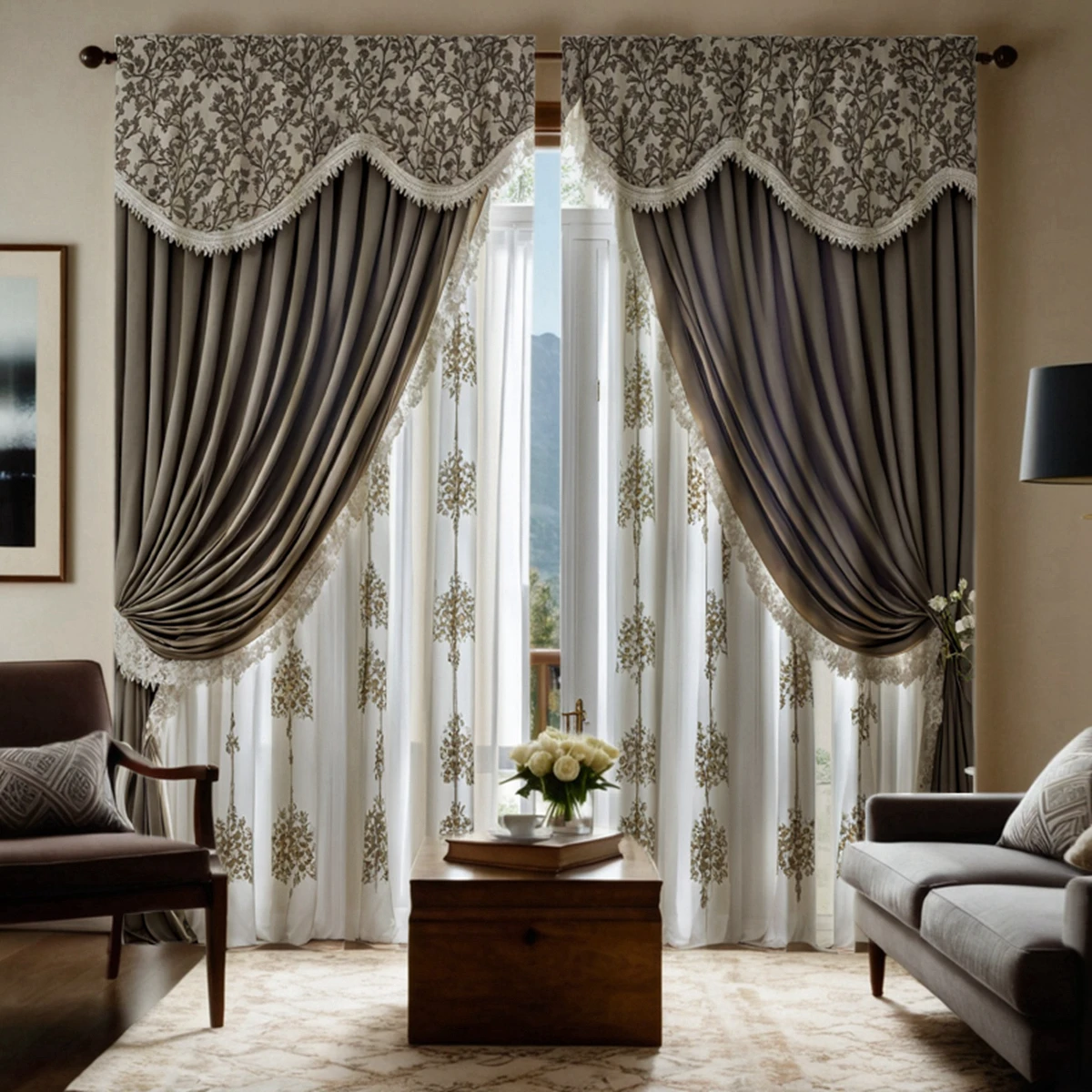 2 Pieces HD Digital Gray Color European Rustic Style Curtains Home Decorating Style Decorating Living Room Bedroom Rodding Curta