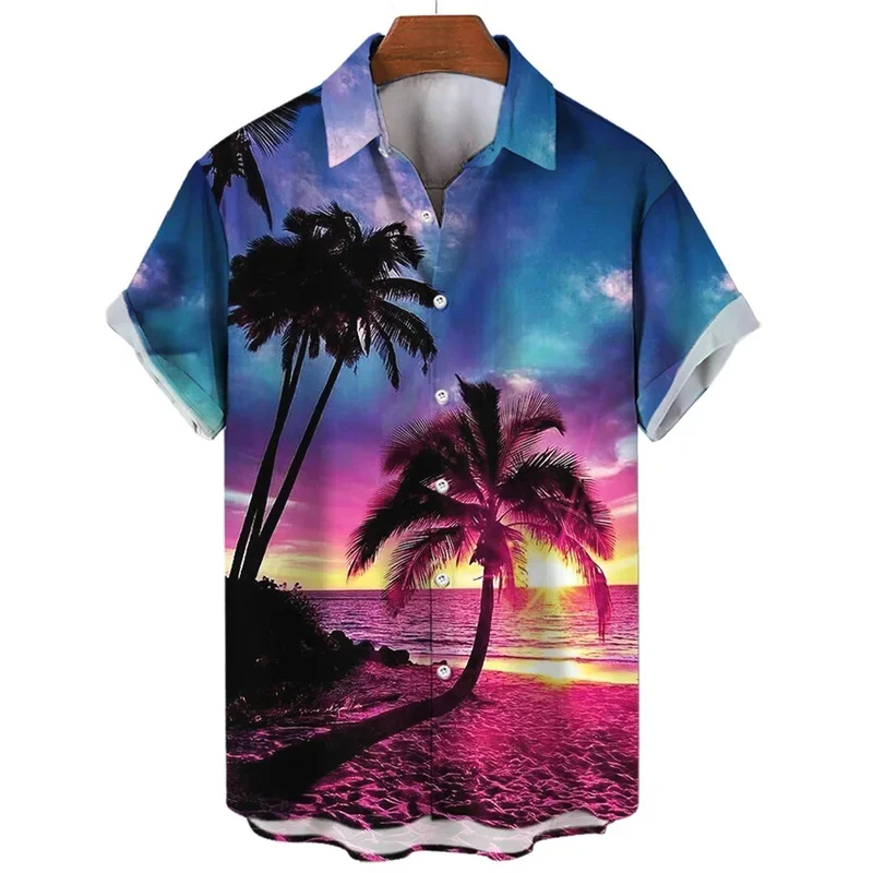 Coconut Tree Waves Pattern Hawalian Shirt Men Sunset 3D Printed Aloha Shirts Casual Short Sleeve Vacation Beachwear Lapel Blouse