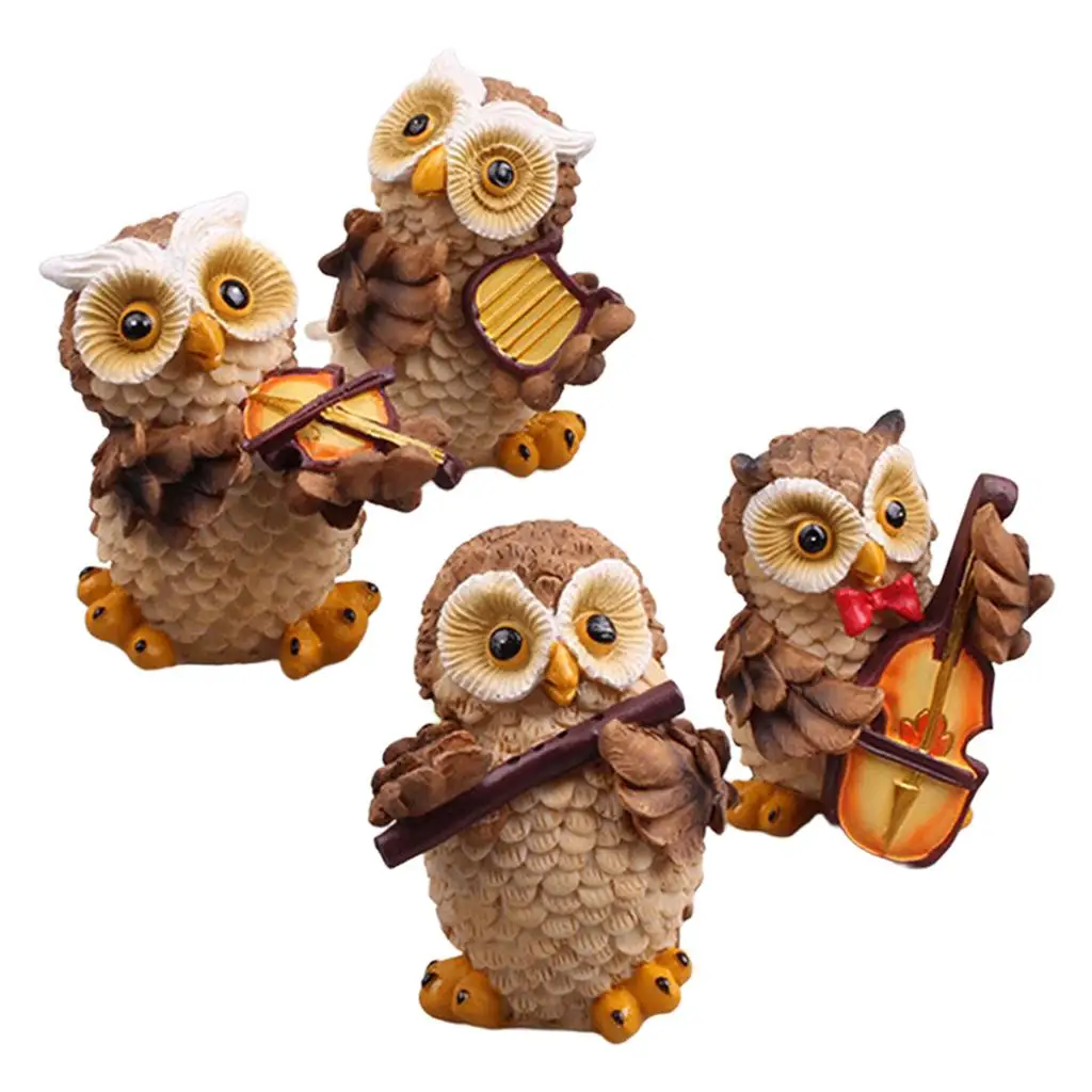 4x Owl Playing Music Statue Outdoor Garden Sculpture Patio Decor Photo Props