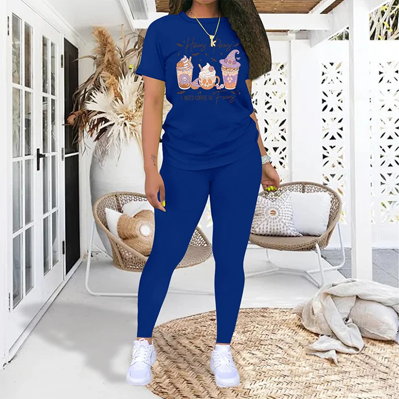 Summer Fitness Suit Coffee Print Solid Color T-shirt Leggings Women's Short Sleeved Sportswear S-2XL
