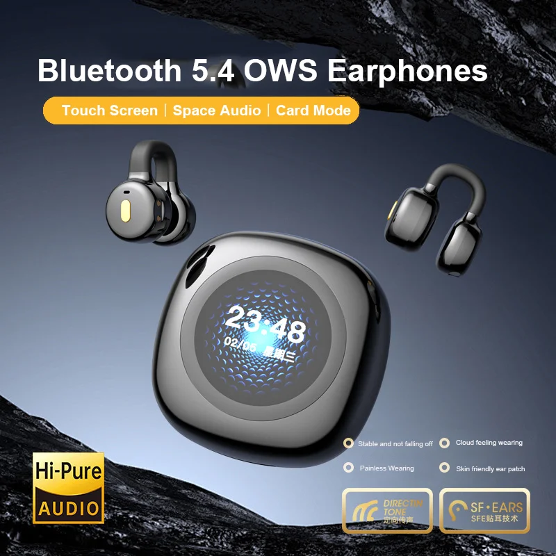 Wireless Bluetooth 5.4 LCD Screen Earphones OWS Earclip Smart Touch TF Card Mode Non in Ear Dual Mic Earbuds TWS Noise Reduction