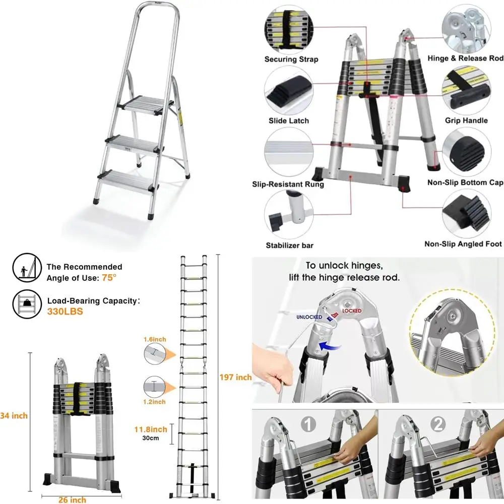 

Ultralight Aluminum 3-Step Ladder, Portable and Durable for Outdoor and Indoor Use
