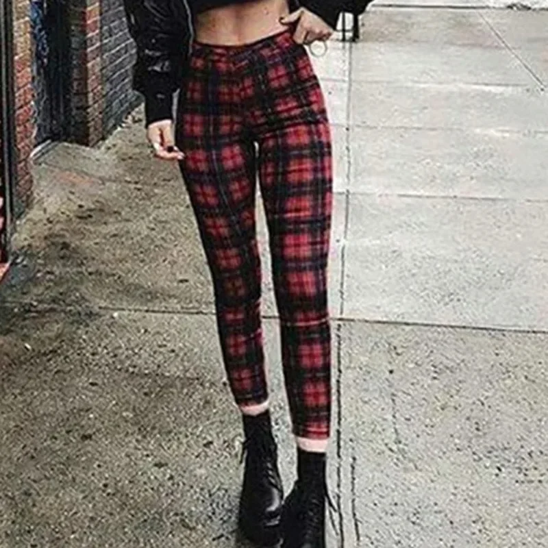 Spring Fall Women High Waist Leggings Elastic Fashion Small Leg Casual Pants Female Fitness Trousers Pencil Pants Skinny Plaid