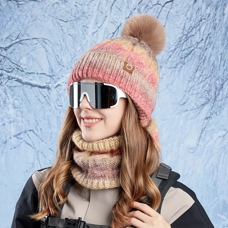 Ensemble deux pièces chapeau et écharpe chauds d'hiver, bonnet tricoté en velours et épais de couleur dégradée, à la mode
