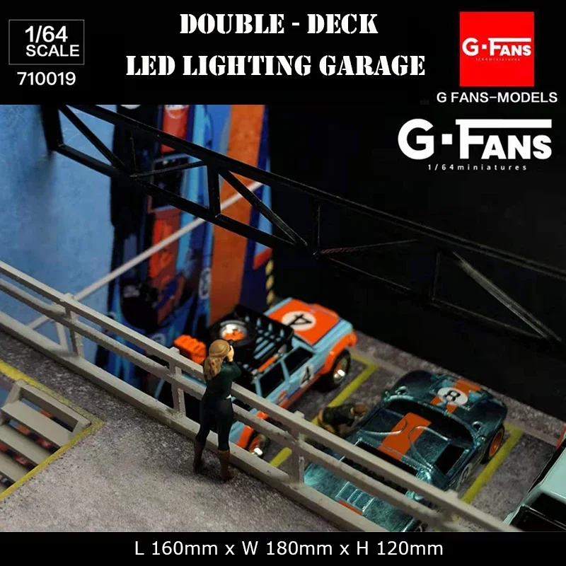 G-Fans 1:64 Assemble Diorama Double-Desk LED Lighting Garage Model Car Parking Lot Display - Gulf Version