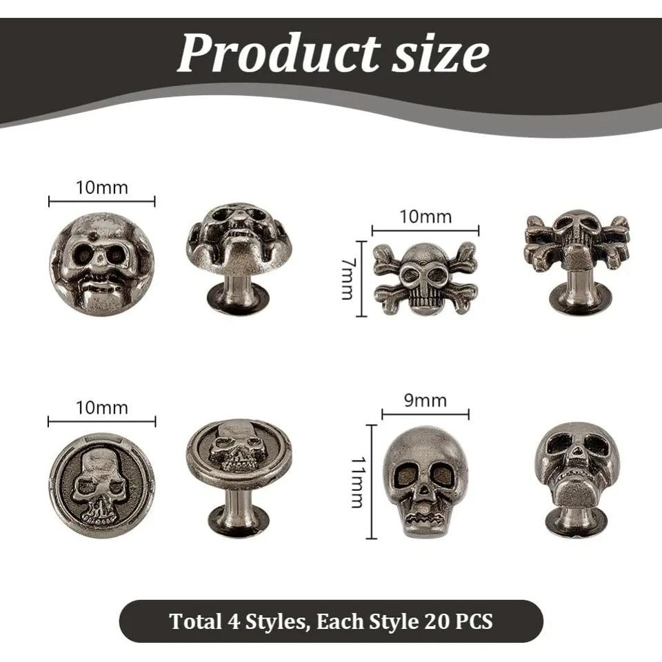 80pcs 4 Styles Skull Head Rivets Studs Decorative Rivet Studs