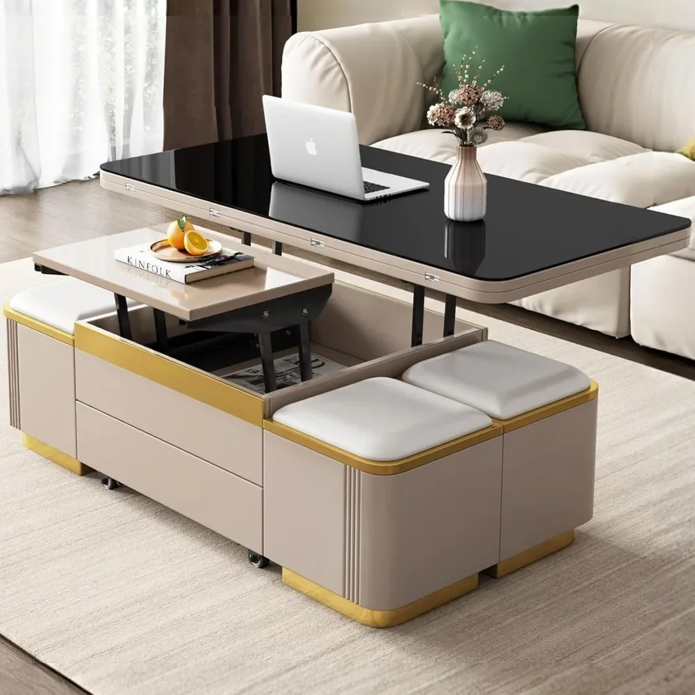 Modern 3-in-1 multifunctional center table, 4 storage stools, space saving living room folding, expandable coffee table