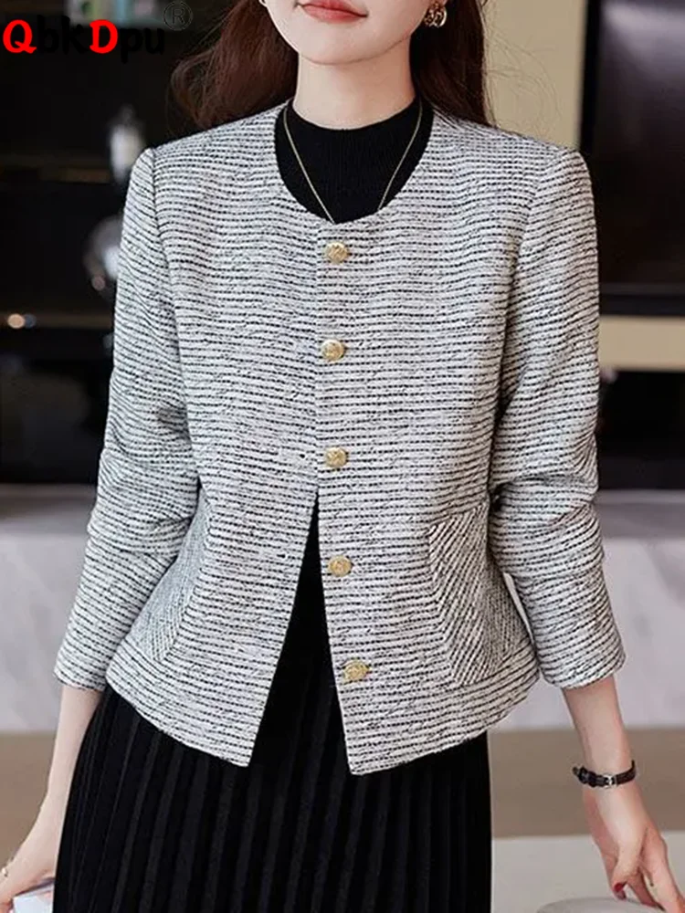 Chaquetas ajustadas con cuello redondo para mujer, ropa de abrigo recortada elegante con una hilera de botones, Chaquetas informales de manga larga a la moda coreana, primavera y otoño