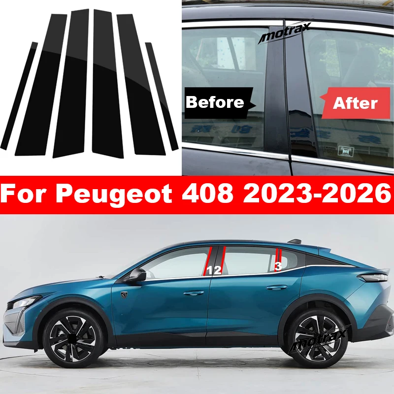 Car Window Decorative B C Column Molding Trims Auto Door Glossy Pillar Strip for Peugeot 408 2023 2024 2025 2026 Car Accessories