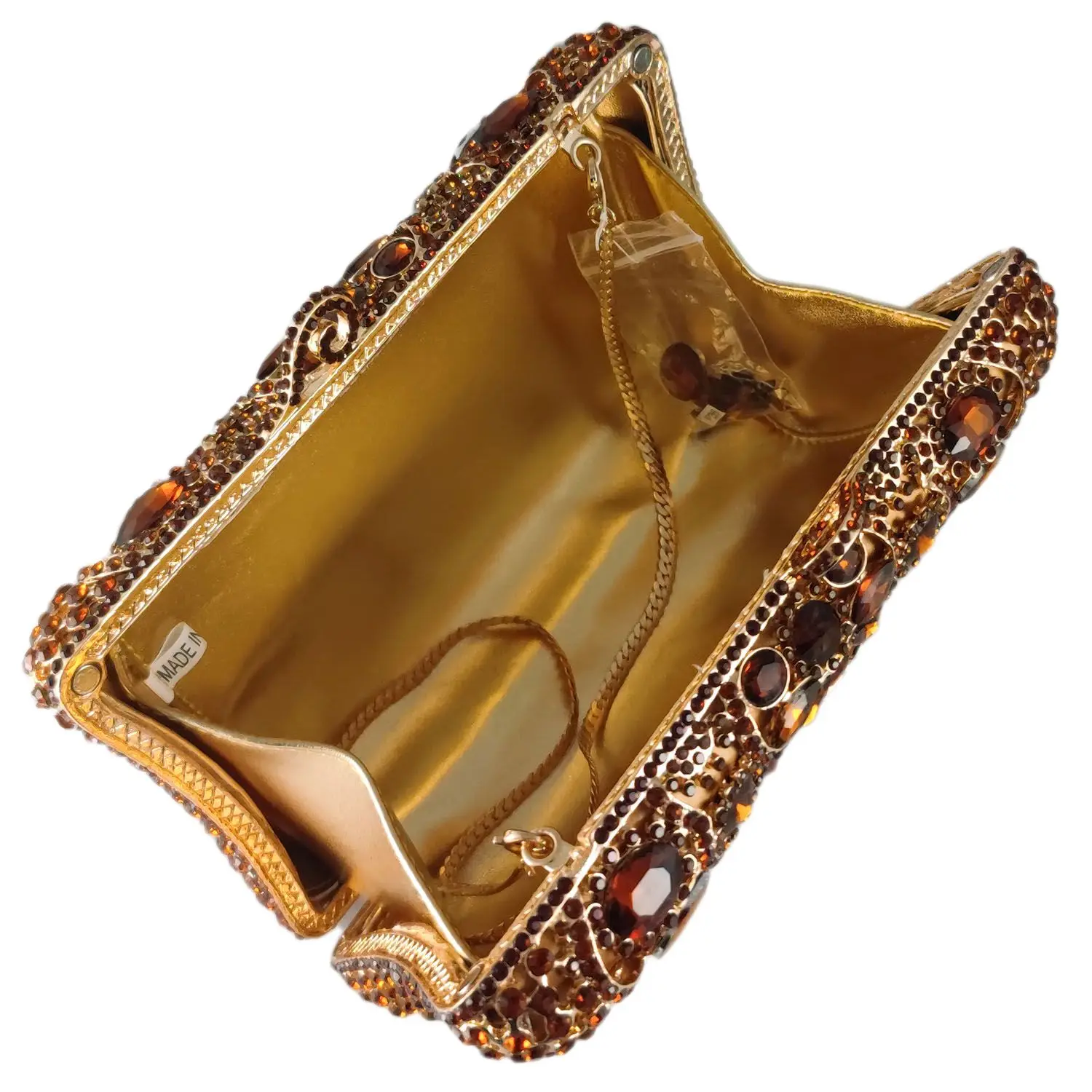 Boutique De FGG Women Brown Evening Bags for Formal Party Rhinestone Handbags Wedding Bridal Bronze Crystal Clutch Purse