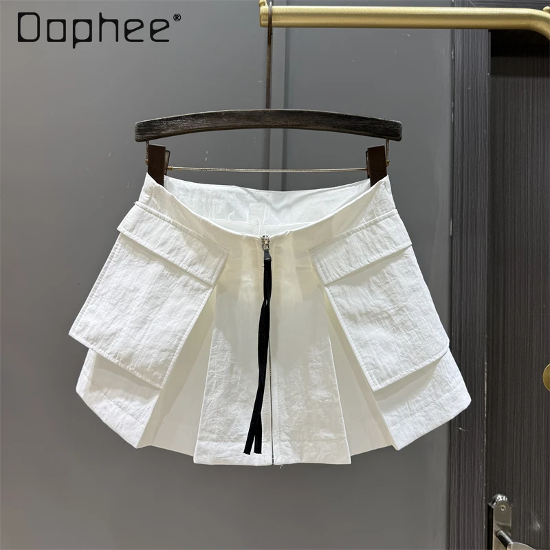 Tendência europeia moda bolso duplo mini saia de ferramentas feminino verão nova fileira única zíper casual versátil magro a linha saias