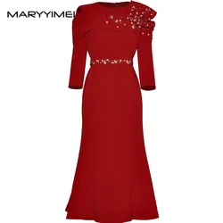 MARYYIMEI Fashion Autumn and Winter Women's Dress Three Quarter Sleeve High waist Crystal Slim-Fit Hip Wrap Mermaid Dresses