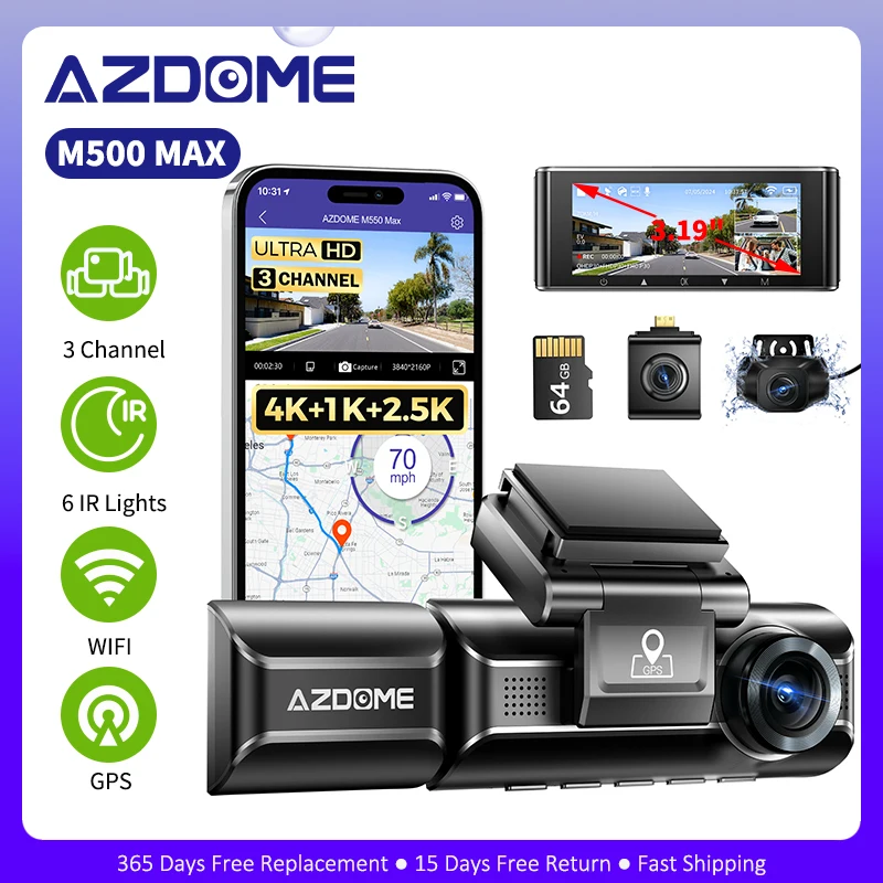 

AZDOME 4K 3 Channel Dash Cam M550 Max Car Camera WiFi GPS Front and Rear Inside Recorder Car DVR IR Night Vision Parking Mode