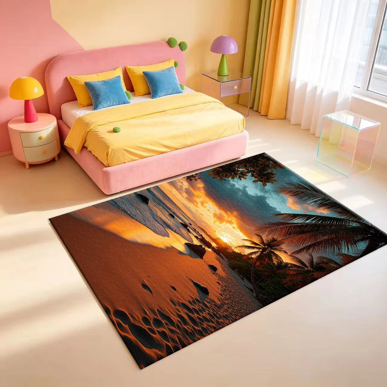 Tropical Beach Sunset Palm Tree Scenery carpet flooring Ocean Coastal Landscape Area Rug For Indoor Home Floor Decoration