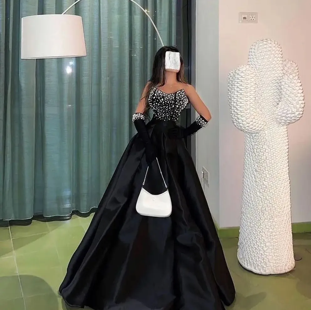 Robe De bal arabe noire, sans bretelles, perles, paillettes, Satin, robes De soirée formelles, Robe De Gala