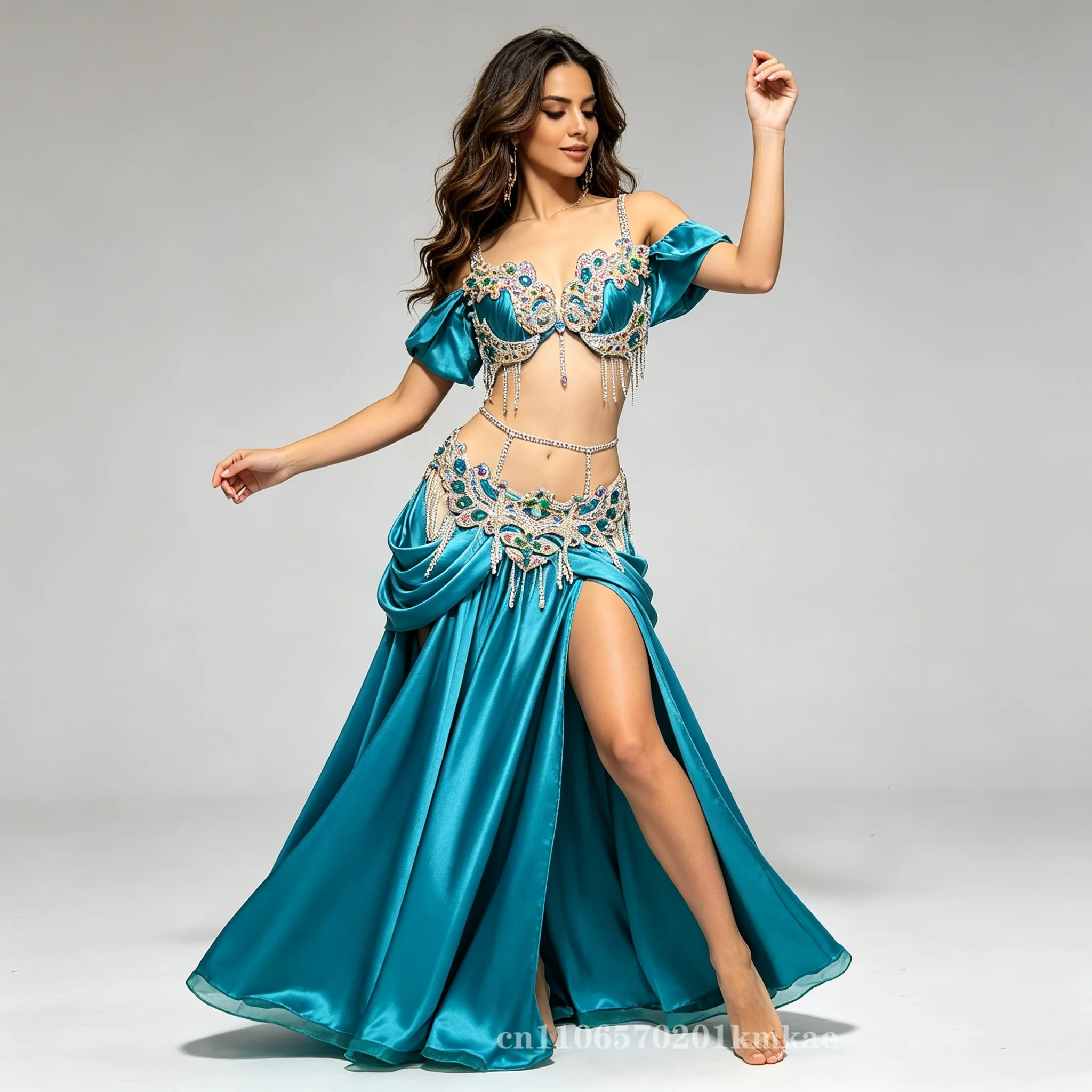 Custom Made Belly Dance Outfit For Competition Sparkly Rhinestone Turquoise Bra Skirt Set Women's Professional Stage Wear