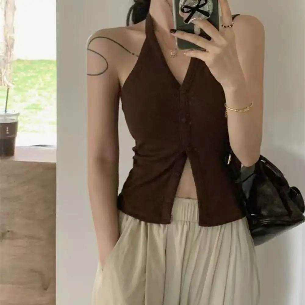 

Korean Style Halter Knitted Slim Crop Top Y2K Hollow Out Women's Vest Top Round Neck Tank Sleeveless Camisole Seaside