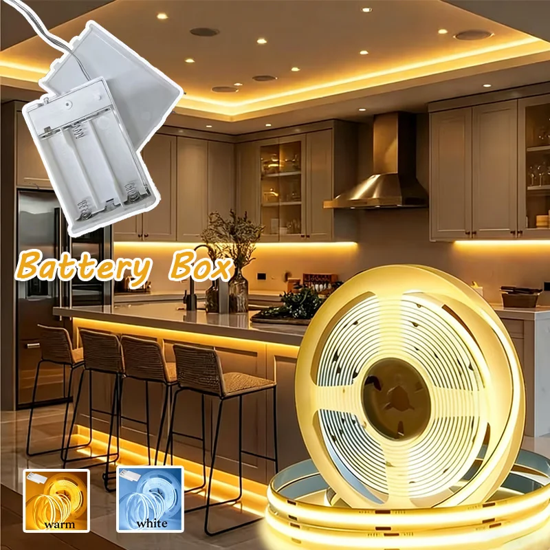 5V COB LED Light Strip with Battery Box, 8mm High Brightness, Flexible Cuttable, Suitable for Bedroom, Kitchen, Living Room