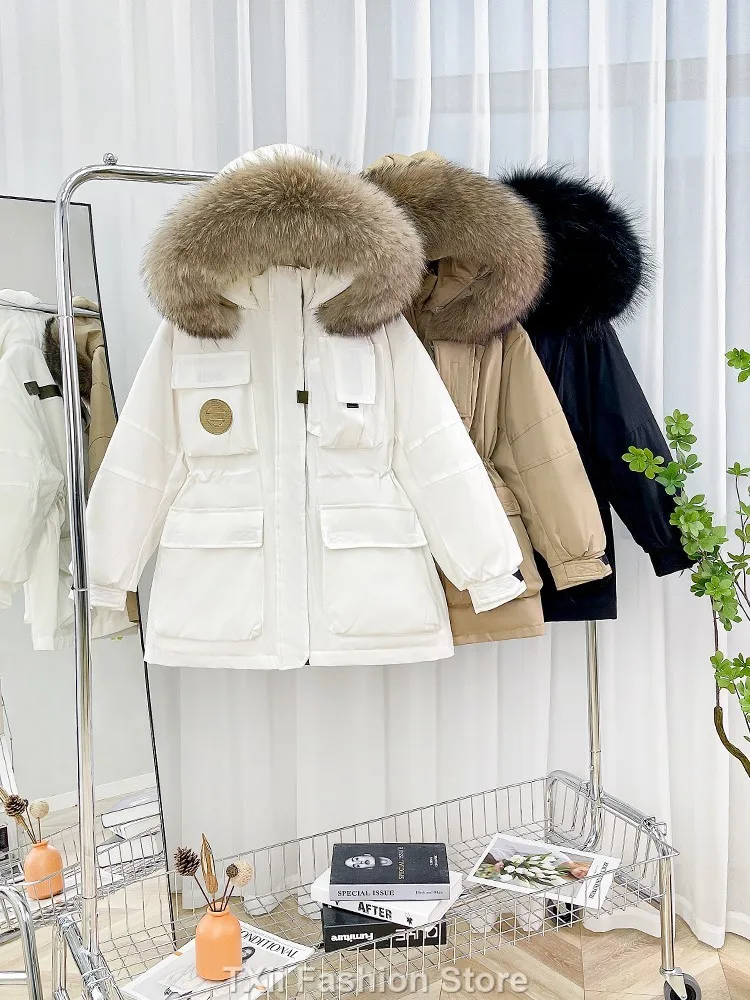 Winter Large Natural Fur Hooded Tooling Parka Women 90 White Duck Down Thick Jacket High Waist Loose Windbreak Warm Coat 2023