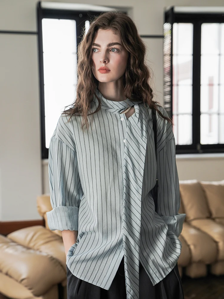 

Рубашка Miorastudio в стиле Court с вертикальными полосками и поясом, элегантный винтажный топ из смесового хлопка и полиэстера, женская рубашка с длинным рукавом