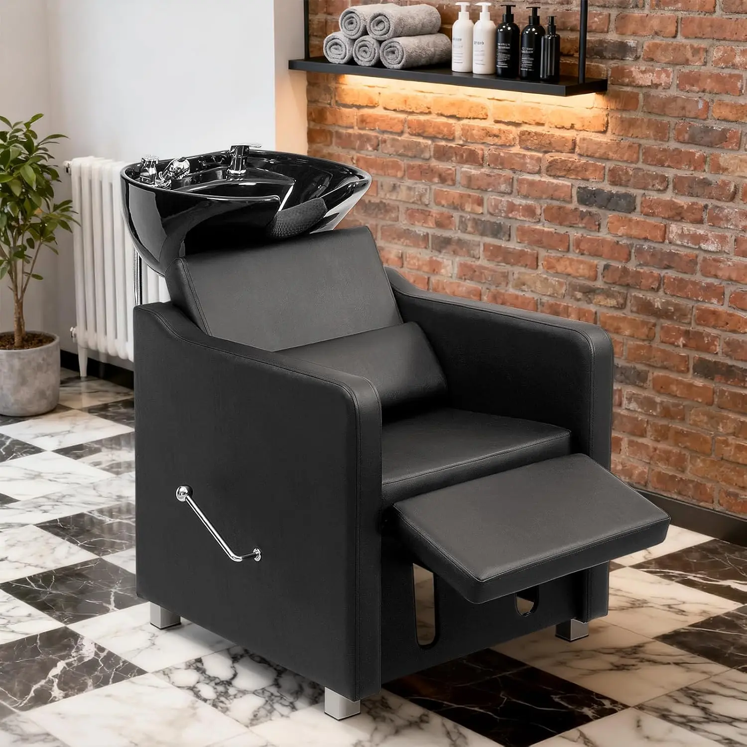 Black Shampoo Backwash Chair with Ceramic Bowl, Adjustable Leg Rest & Reclining Design for Barber Shop Spa, Customized