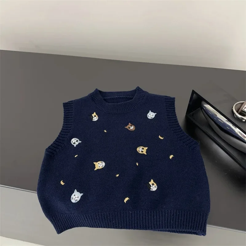 Kitten Embroidery Preppy Style Knitted Vest Autumn and Winter New Versatile Cover-up Vest Sweater Top Suit