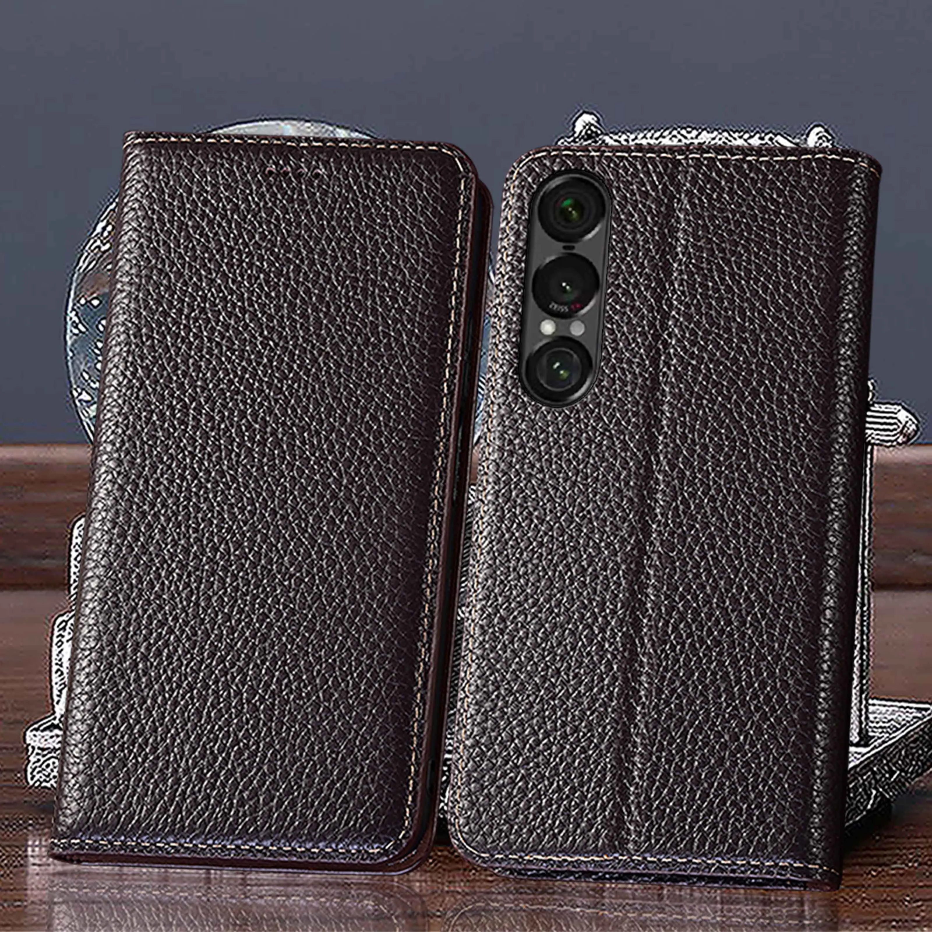

Genuine Leather Phone Case For Sony Xperia 1 5 10 II III IV V VI VII Large Lychee Pattern Of Wallet Flip Cover Case ScratchProof