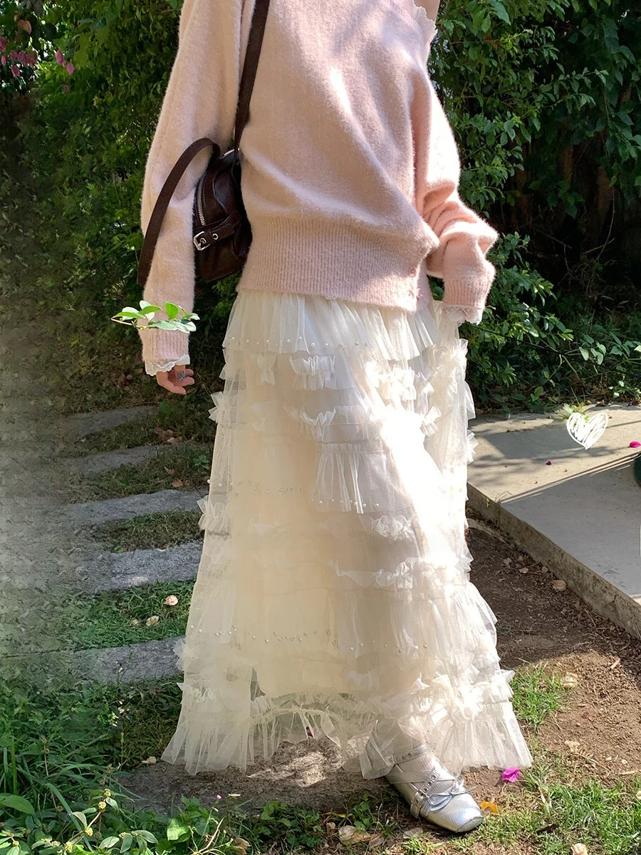 

Пышная многослойная юбка с жемчужной вышивкой, высокая талия, А-силуэт, эффектный дизайн, удлиненная, повседневная, элегантная, для офиса