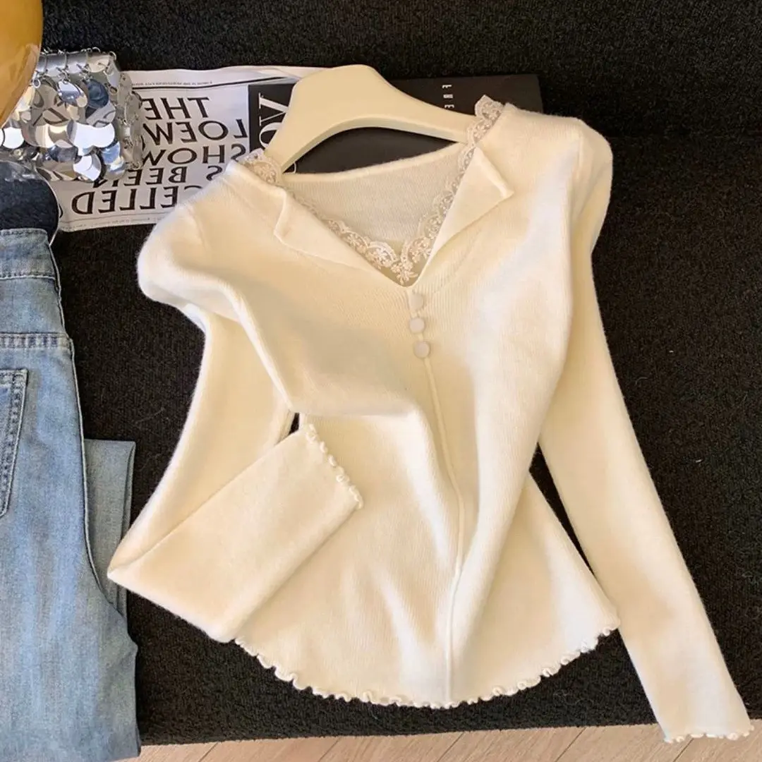 Splicing Turn-down Collar Long Sleeved Slim Fit Knit Sweater For Women's Autumn Two Pieces Lace Fungus Base Shirt Top