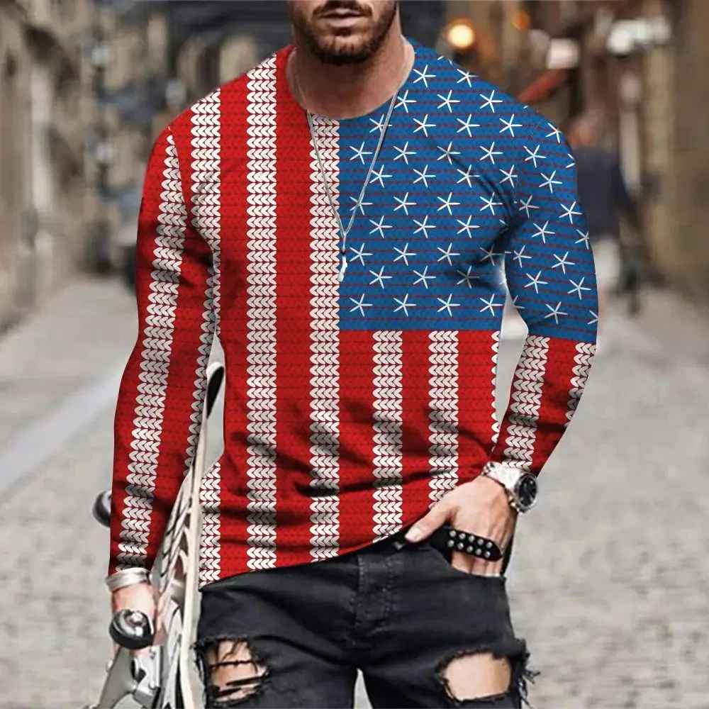 Men Spring Autumn American Flag Eagle Print T-Shirt Fashion Personality Interesting Large Size Round Neck Long Sleeve Loose Top