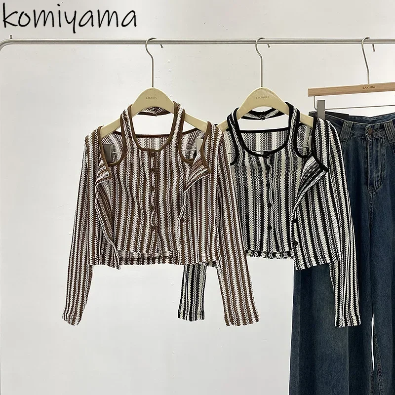 Striped Knit 2025 Woman Cardigan O-neck Long Sleeve Ropa Mujer Outerwears Autumn Sweater Vintage Cardigans + Halter Vest Sets