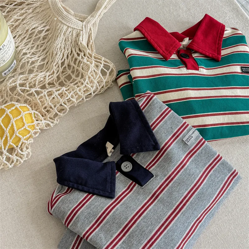 2025 Spring Autumn Fashion Children Clothes Girls Long Sleeve Striped T-shirt Boys Cotton Casual Tops 1-6 Years Kids Polo Shirts
