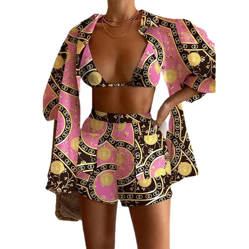 2023 Summer Women Three Piece Set Holiday Beach Style Suit Elegant Lapel Shirt Bra Tops High Waist Shorts Print High Street Set