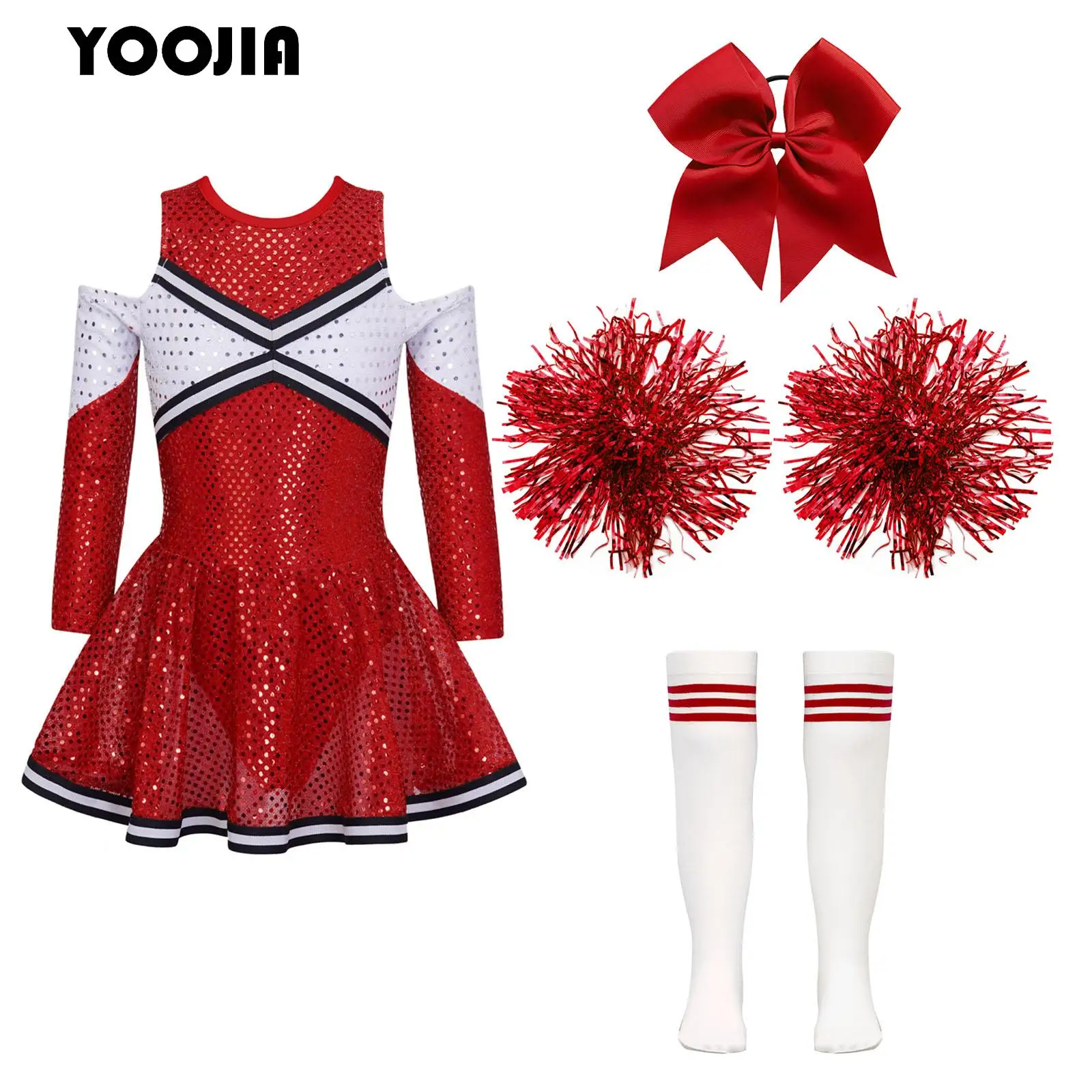 

Kids Girls Cheerleading Uniforms School Cheer Dance Outfit Off-Shoulder Sequin Dress Headwear Hand Flowers Socks Cheerleader Set