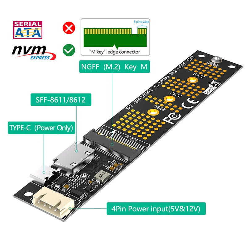 M.2 NVME M Key to SFF-8611 Riser Type C Power Supply NVME SSD Adapter + SATA to 4Pin Power Cable for 2230 2242 2260 2280 M.2 SSD