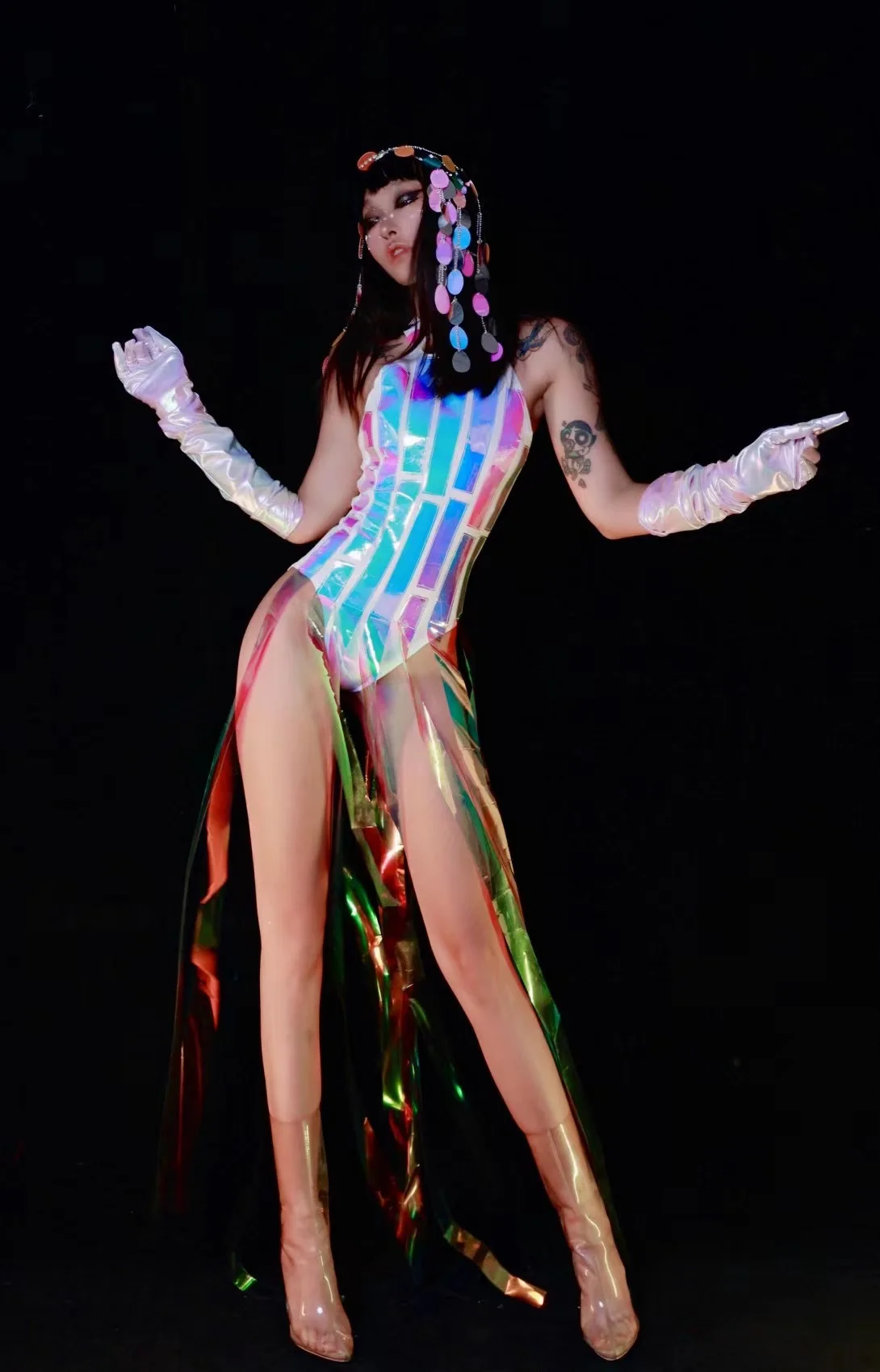 Club nocturno Bar Gogo traje de escenario de baile mono con flecos láser guantes bailarina cantante ropa de actuación Drag Queen ropa yj170