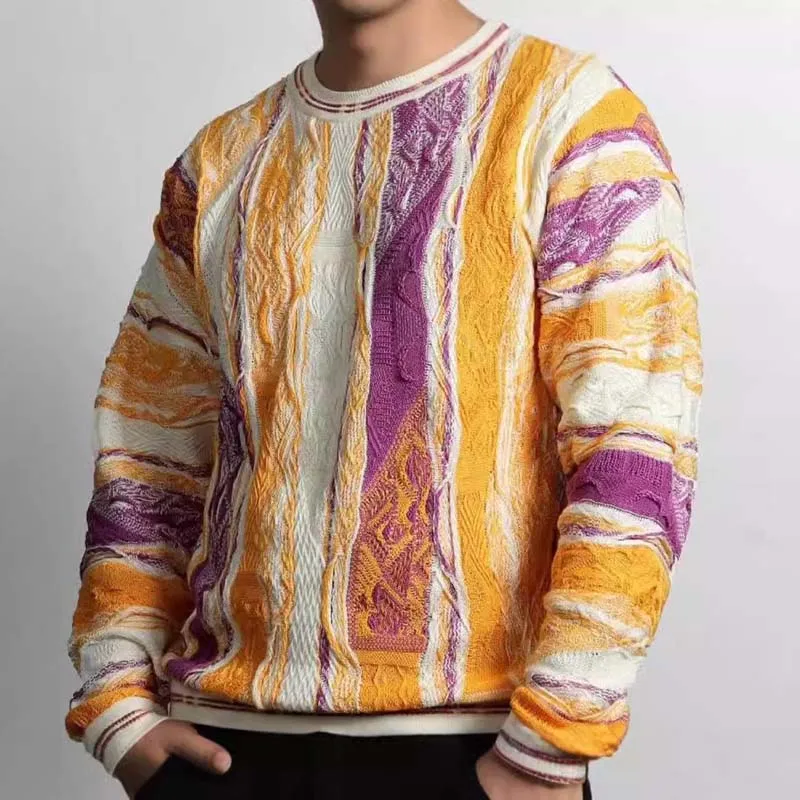 

Kapital Vintage Hirata Jacquard Men Pullovers Bitter Melon Pattern Three-dimensional Wave Contrasting Ethnic Style Sweater