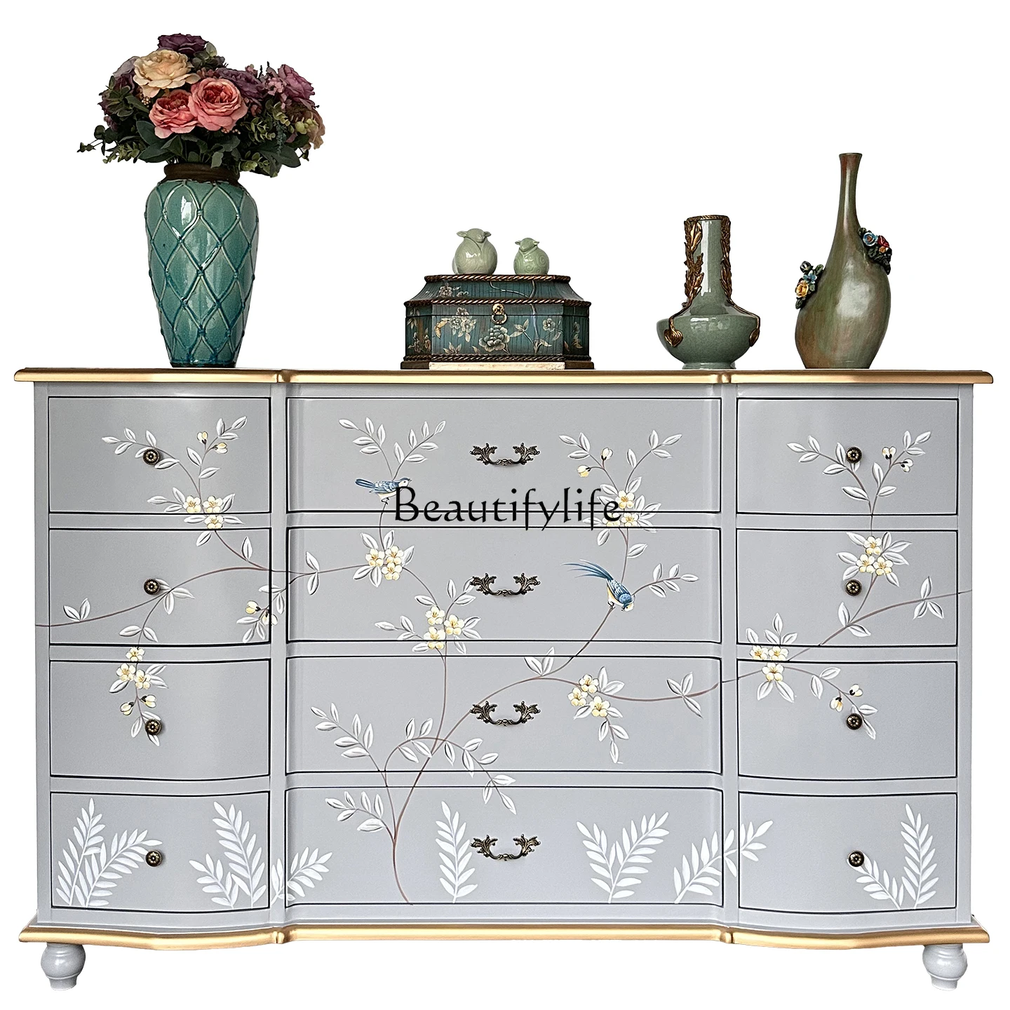 

American Style Light Luxury Twelve-Drawer Cabinet French Hallway Entrance Painted Storage Cabinet