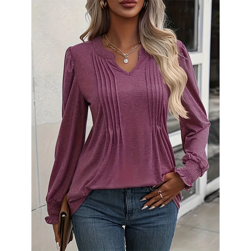 Herbst und Winter neue Pendler Temperamente Damen bekleidung Mode V-Ausschnitt Langarm Einfachheit einfarbig vielseitiges T-Shirt