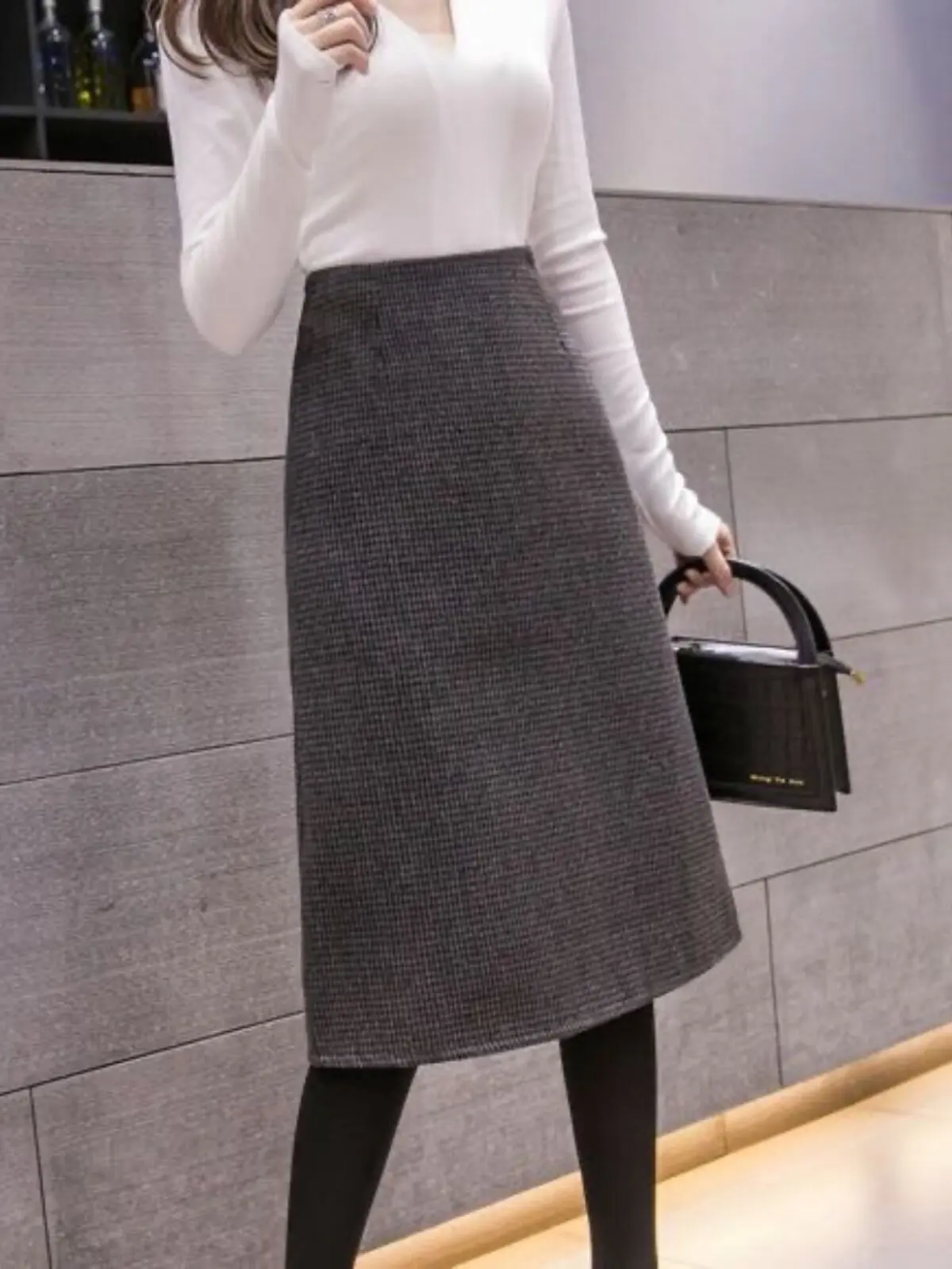 2026 Autumn and Winter Woolen Skirts Women's New High Waist Knee-length Skirt Ladies Houndstooth Plaid A-line Skirts U536