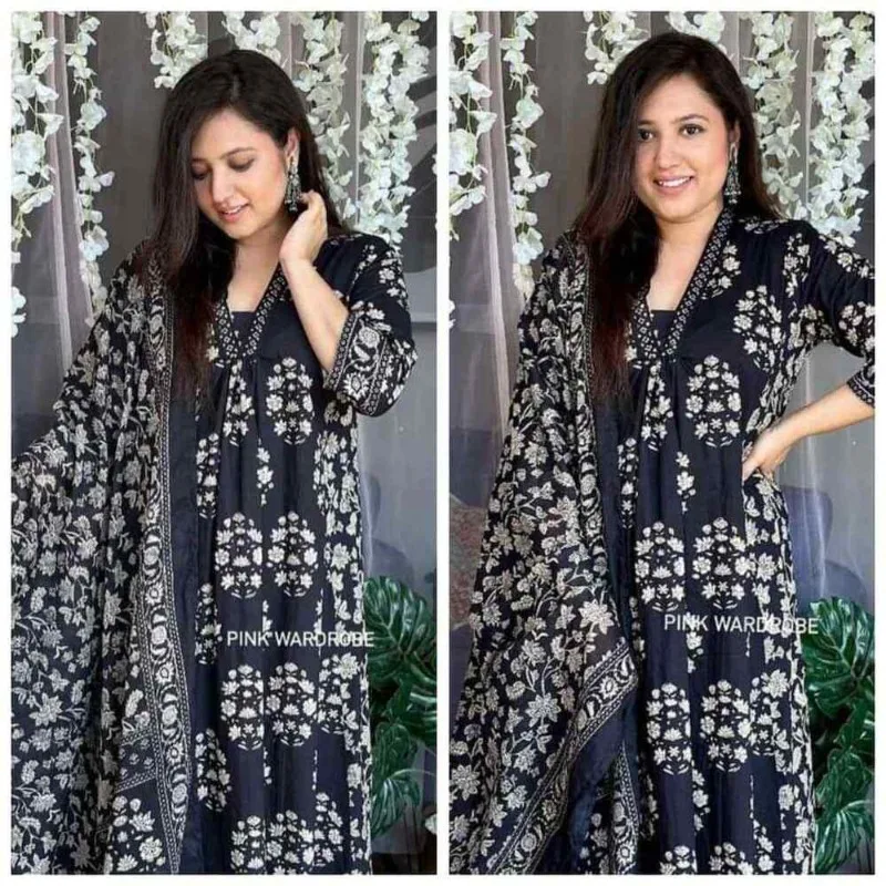 Summer Special Wear Black Color Cotton Printed Salwar Suit Kurti Pant & Dupatta